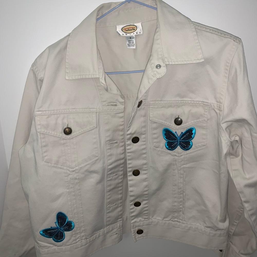 Blue butterfly white denim jacket